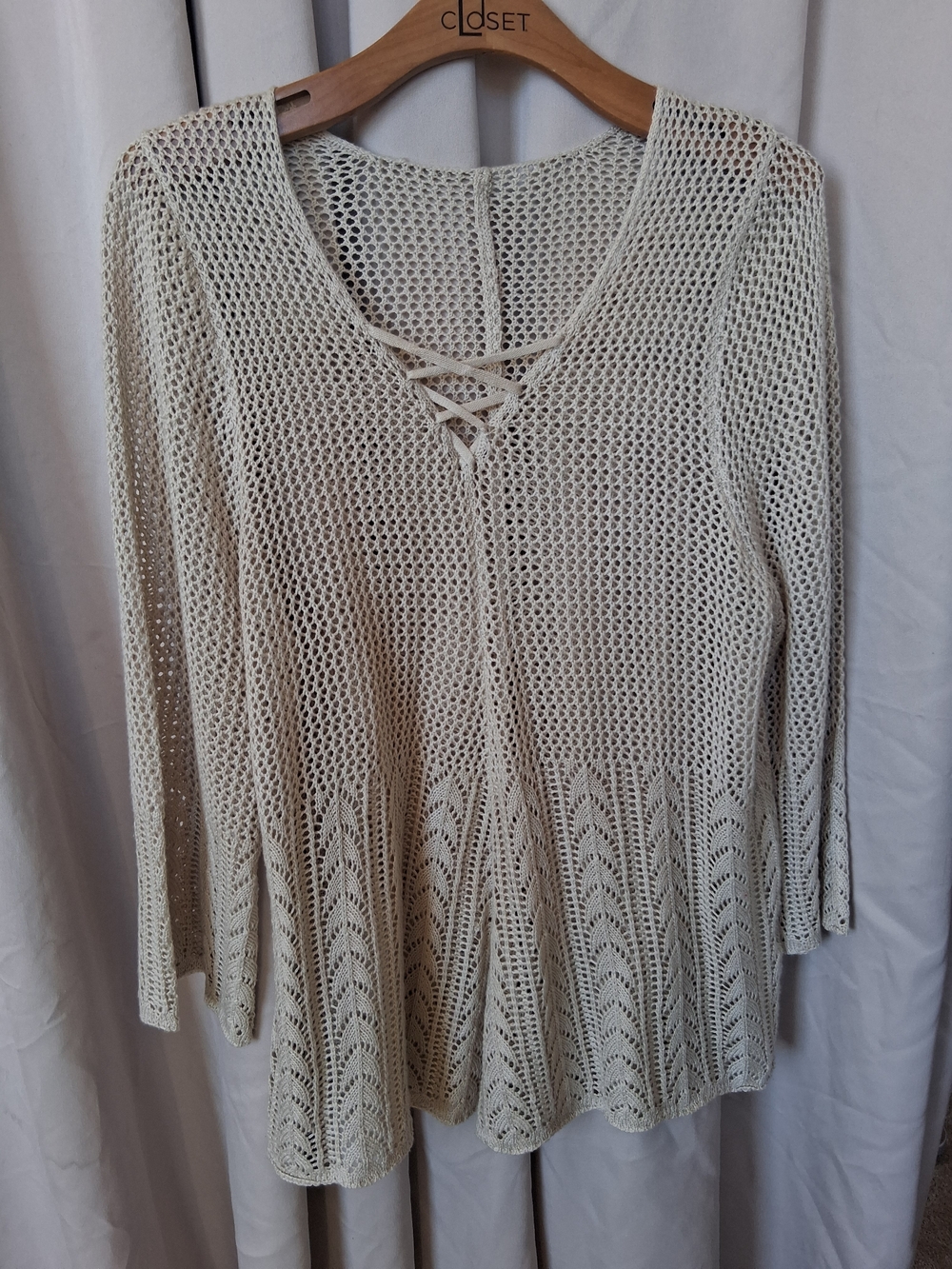 Light Cream Open-Knit Lace-Up Women’s Sweater